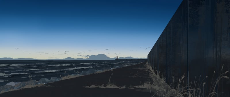 Seaside landscape with a lighthouse and a wall