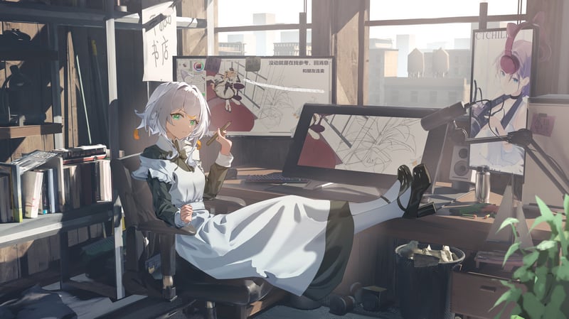 Anime maid sitting in a bookstore with feet up
