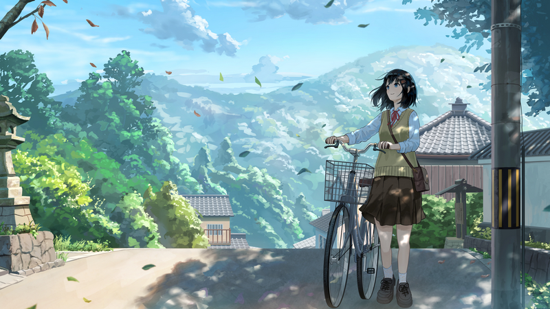 Anime girl with bicycle in a Japanese mountain village