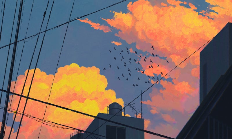 Flock of birds flying in a sunset sky over buildings