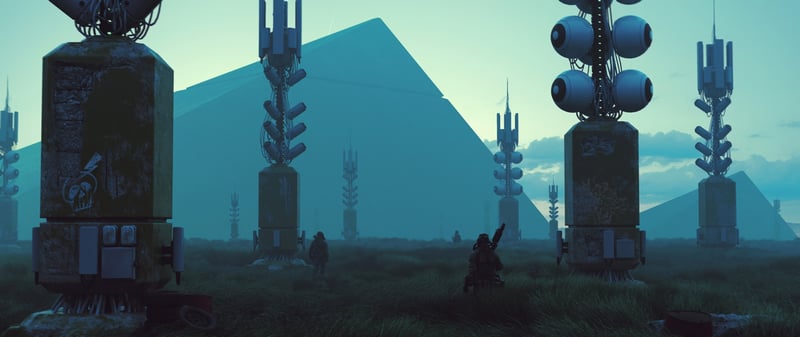 Futuristic Pyramid with Surveillance Towers and Figures