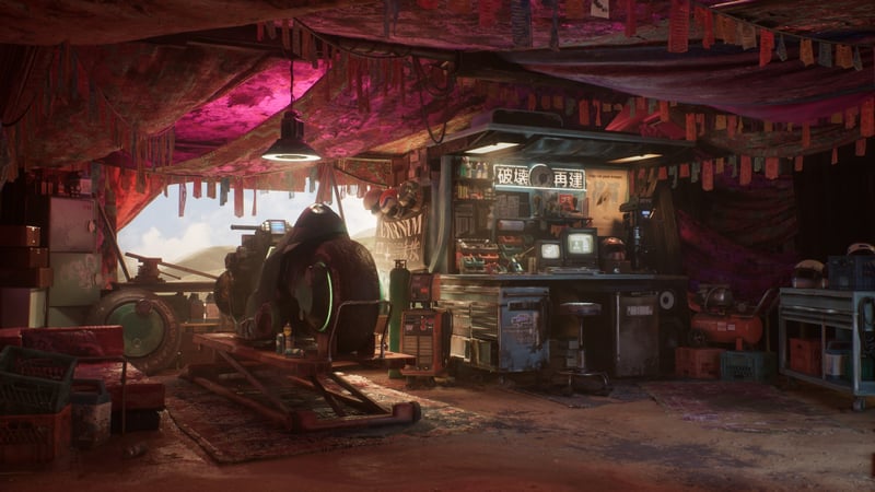 Motorcycle repair shop interior with tools and equipment