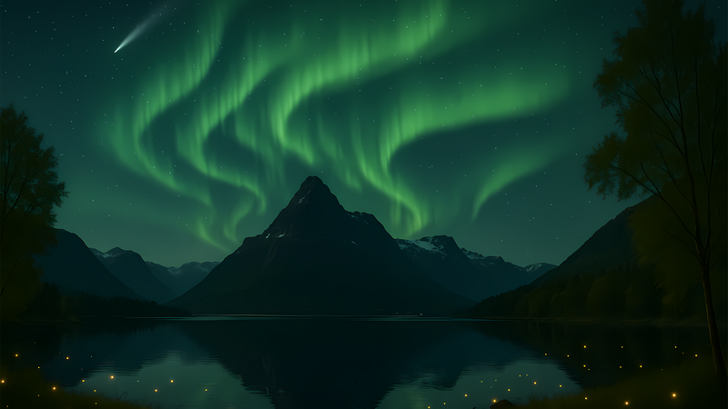 Aurora Borealis Over Mountain Lake with Comet