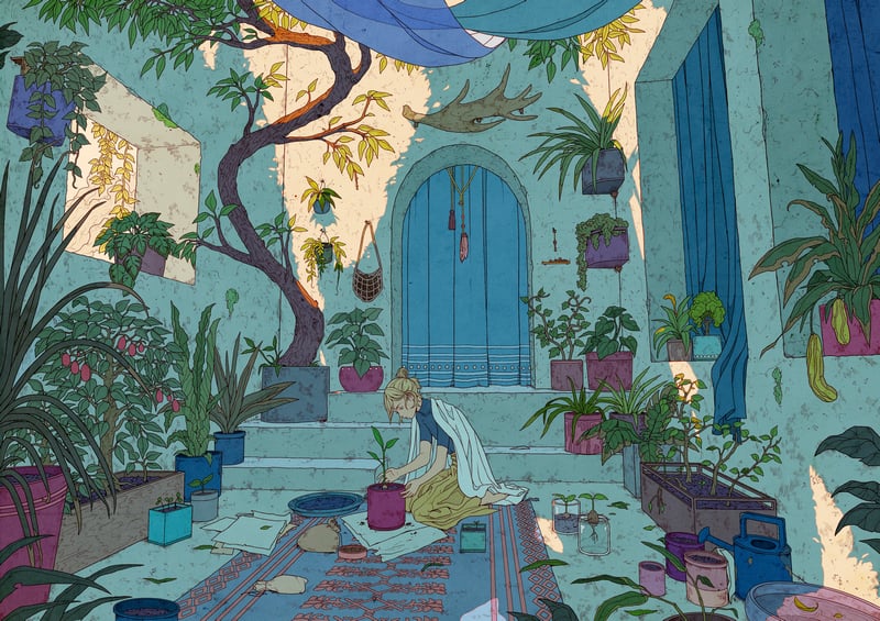 Woman tending to plants in a sunlit courtyard
