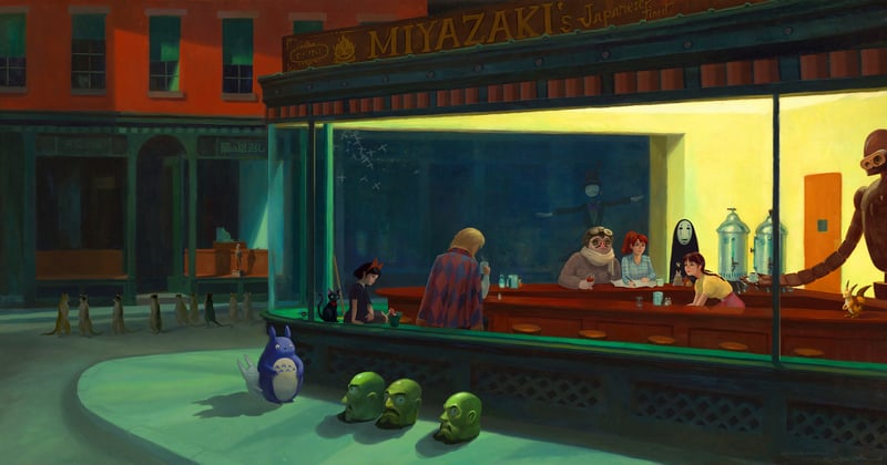 Howl, No-Face, Chihiro, Jiji, Totoro, and Soot Sprite at a diner