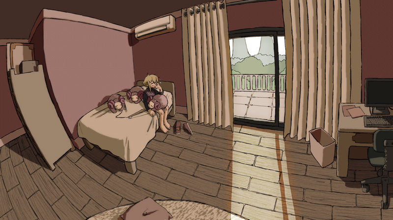 Urotsuki sits on a bed with stuffed animals in a bedroom