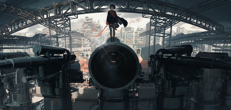 Anime girl with sword on industrial structure