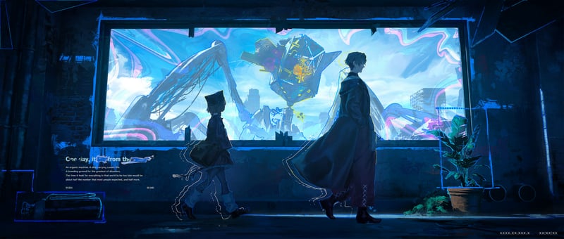 Anime boys and girls walk in a futuristic city
