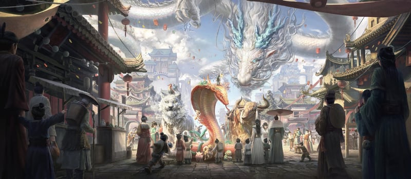 Creature parade in a fantasy Asian city with a dragon overhead