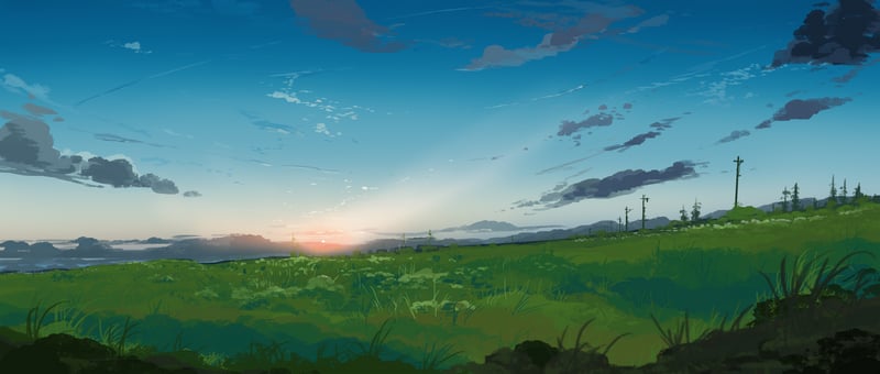 Sunrise over a grassy field with distant structures