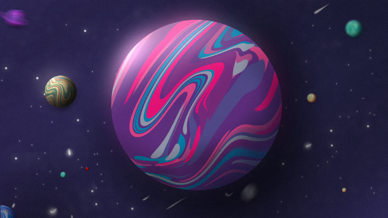 Colorful planet with swirling patterns in deep space