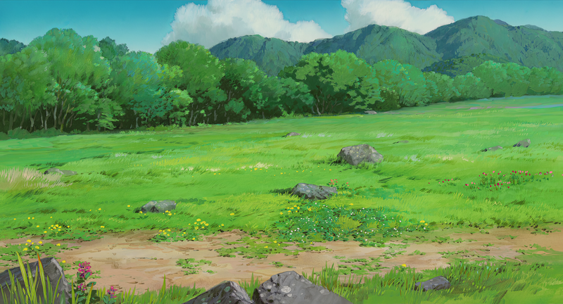 Spirited Away: Green Meadow with Trees and Mountains