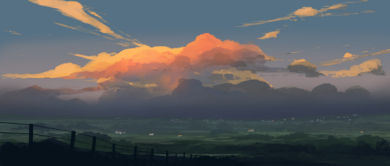 Orange clouds over a green landscape at dusk