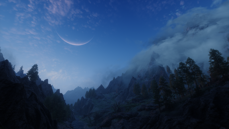 The Elder Scrolls V: Skyrim - Mountainous Landscape Under a Crescent Moon