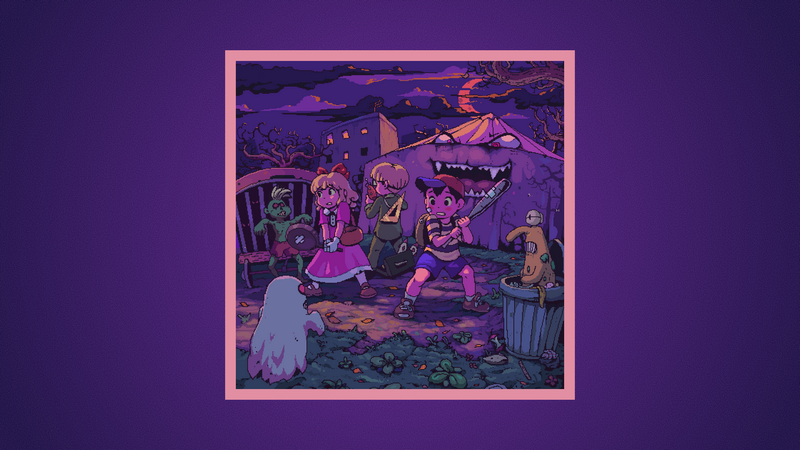 Earthbound characters in a spooky Halloween scene