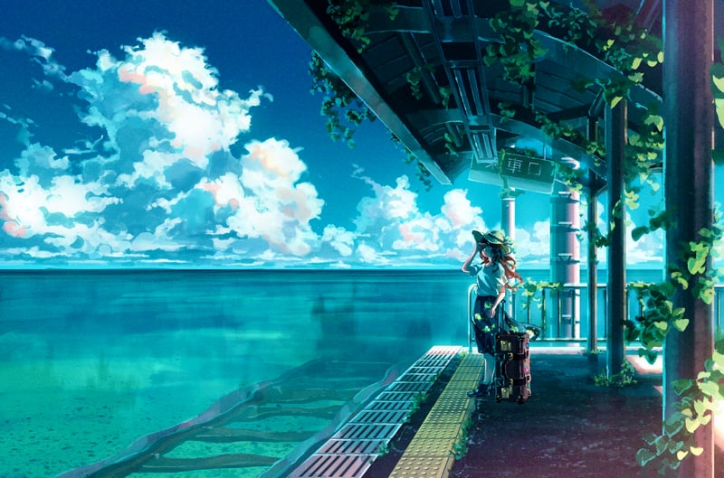 Anime girl at a train station by the sea