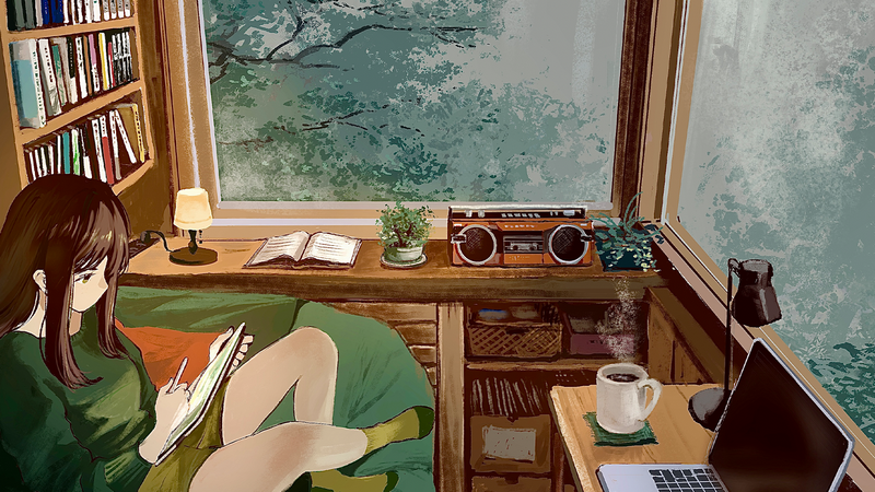 Anime girl reading by the window with a laptop