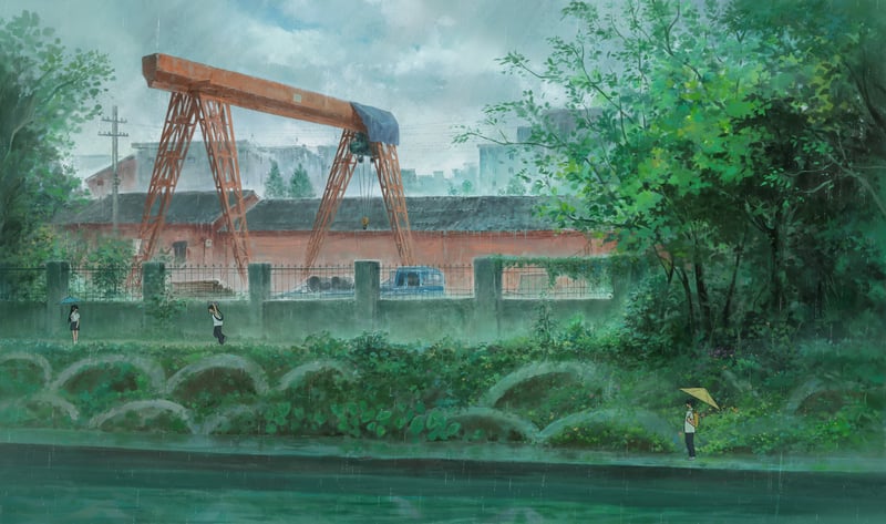 Scenery of students walking in the rain near a crane