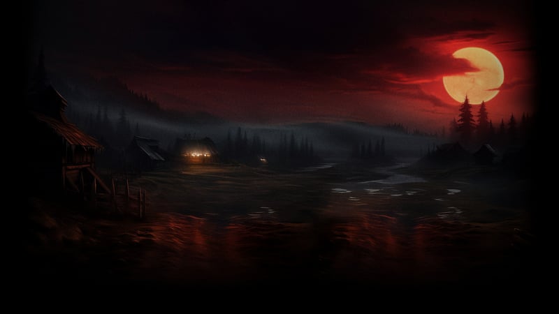 Dark landscape with red moon and village