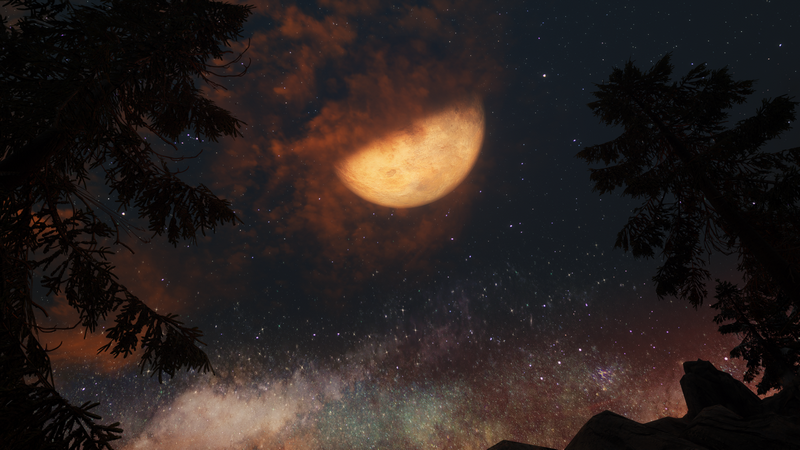 Skyrim Remastered: A Full Moon Over a Starry Night Sky
