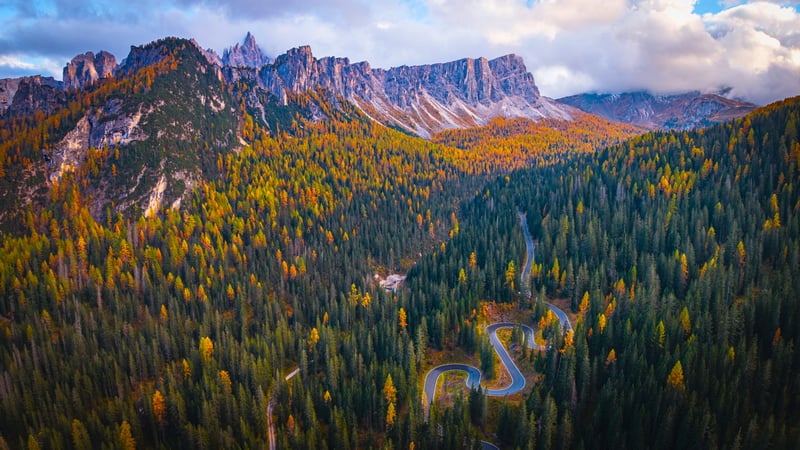 Winding mountain road through autumn forest