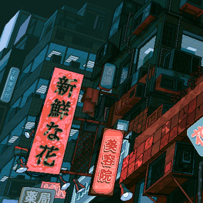 Pixel art Japanese town with neon signs and buildings