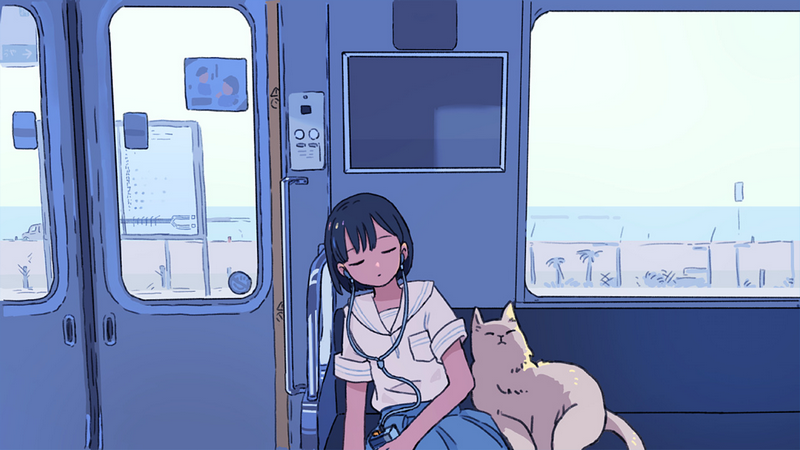Anime girl sleeping on a train with a cat