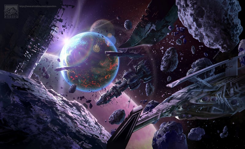 Space battle with planet and debris