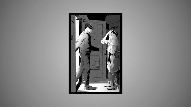 Anime boy and girl at an open door