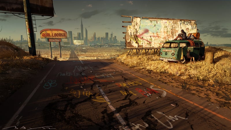 Post-apocalyptic van on a cracked road with a city skyline