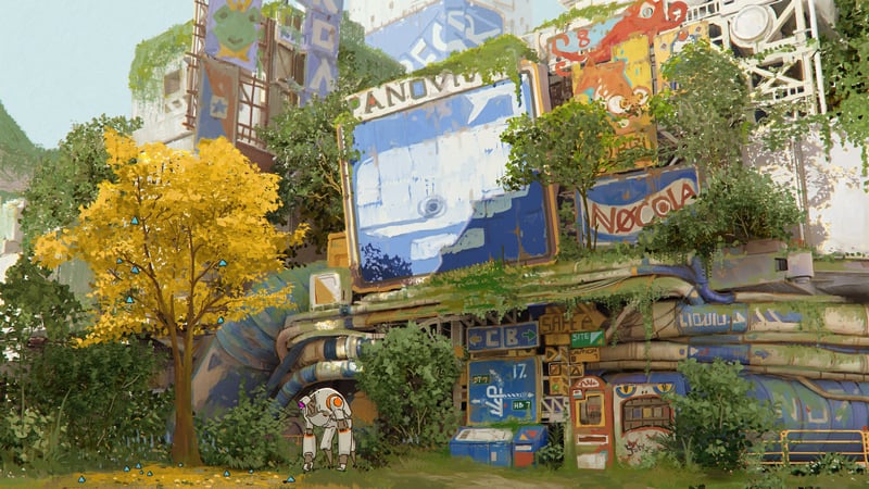 Scenery of a dystopian city with a robot