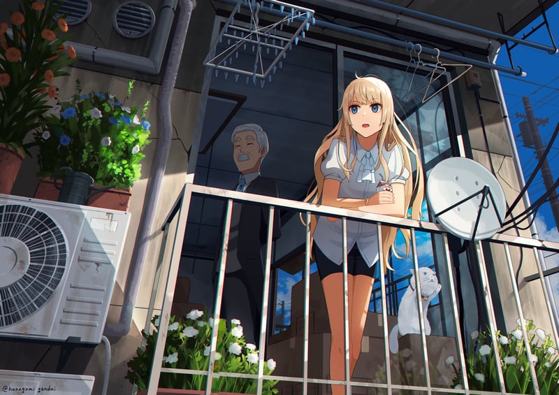 Anime girl on balcony with man and dog