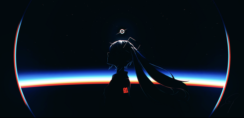 Hatsune Miku in space with a black hole