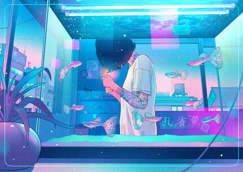 Original character with tattoos in a neon-lit room with fish