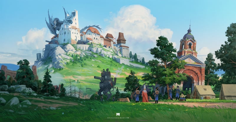 Dragon on a castle with soldiers and a mechanical walker
