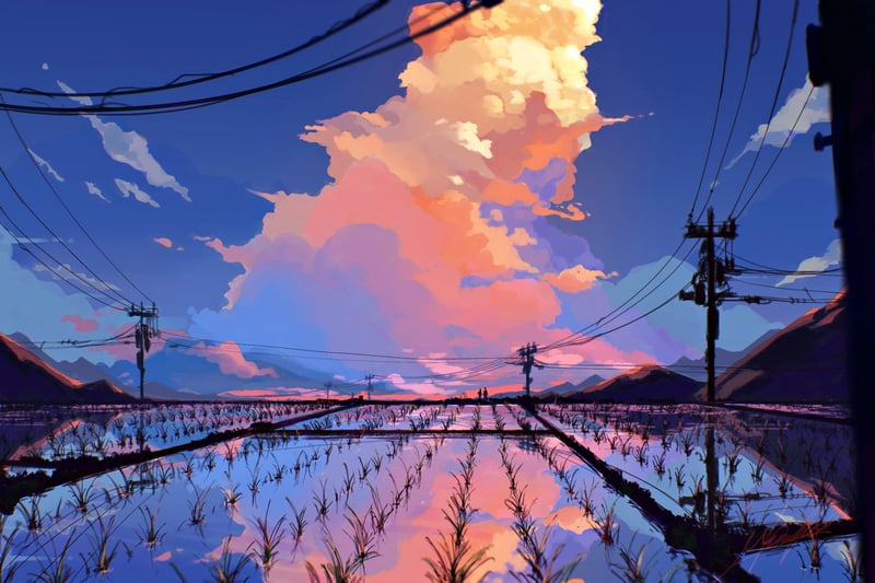 Digital art of rice fields at sunset with dramatic clouds