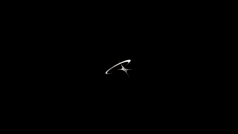 Minimalist starburst with orbiting ring on black background