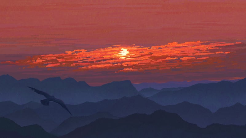 Scenery of a bird flying over mountains at sunset