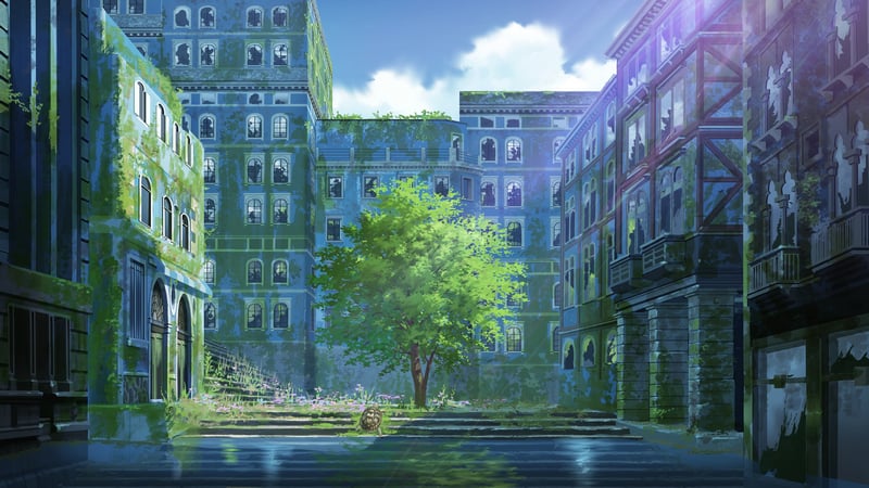 Ruined city street with overgrown trees and buildings
