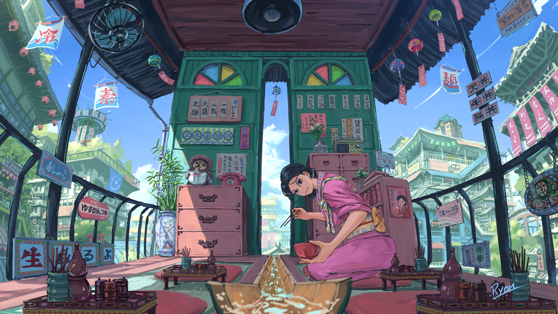 Anime girl painting in a shop with Asian architecture