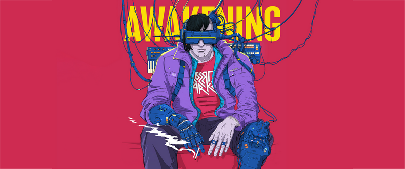 Synthesizer player with VR headset and cybernetic arms
