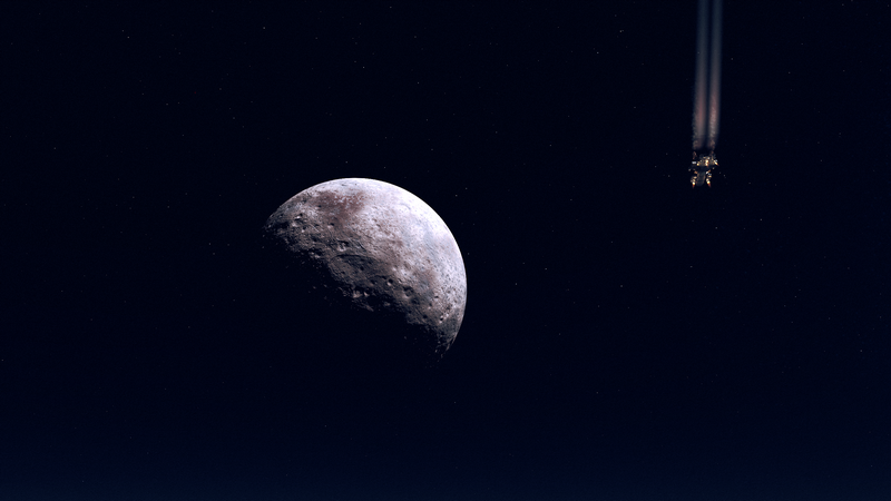 Starfield spaceship near a moon