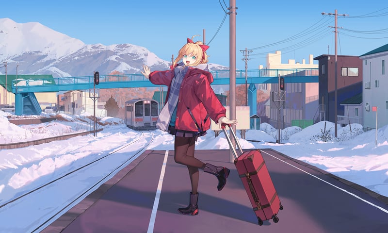 Nero Claudius in a red jacket with a suitcase in the snow