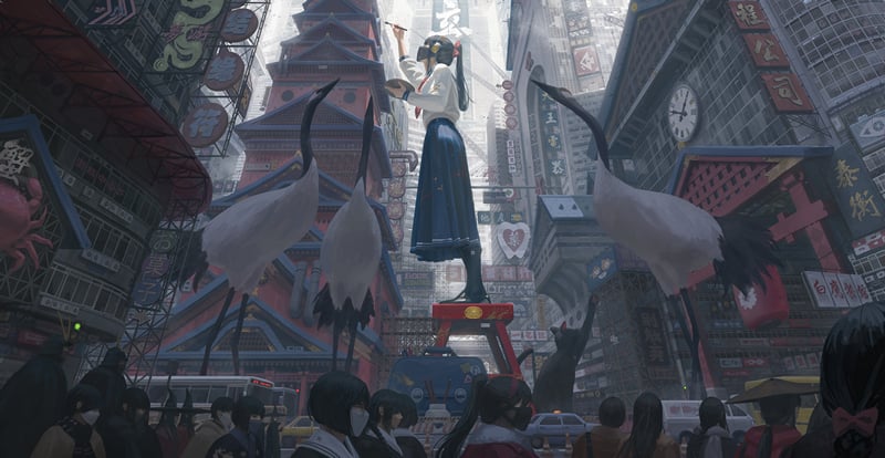 Fantasy girl with cranes in a futuristic city