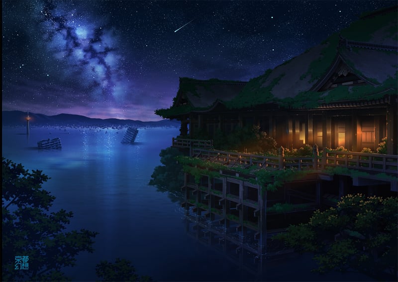 Starry Night Over a Tranquil Sea and Ancient Japanese Architecture