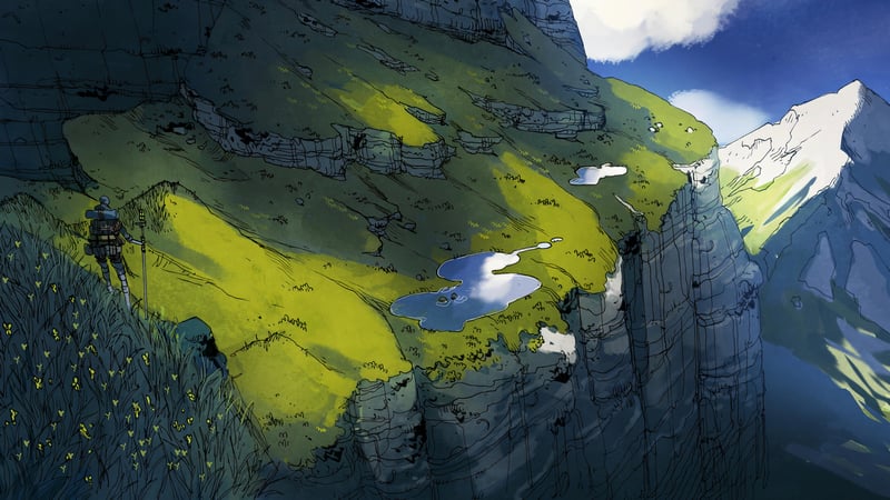 Cairn (game) artwork of a lone traveler on a cliffside