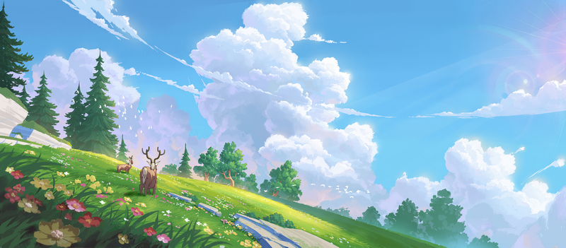 Deer on a grassy hill with clouds and trees