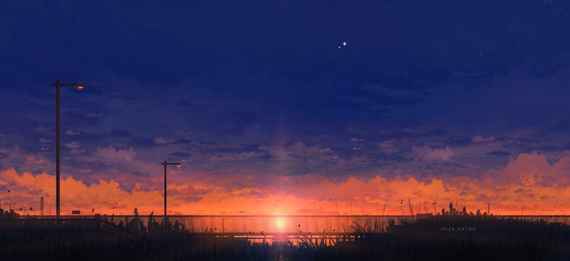 Scenery: Sunset over water with clouds and stars