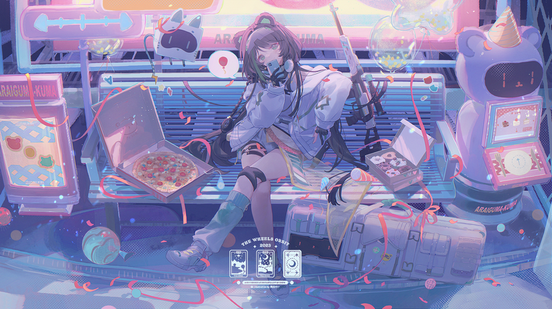 Anime girl with pizza and gun on a bench