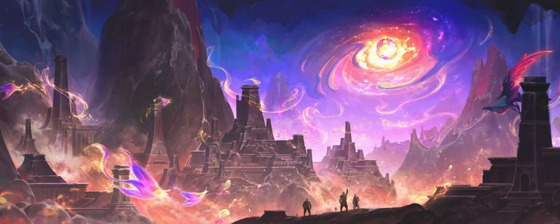 Ancient ruins under a swirling cosmic sky